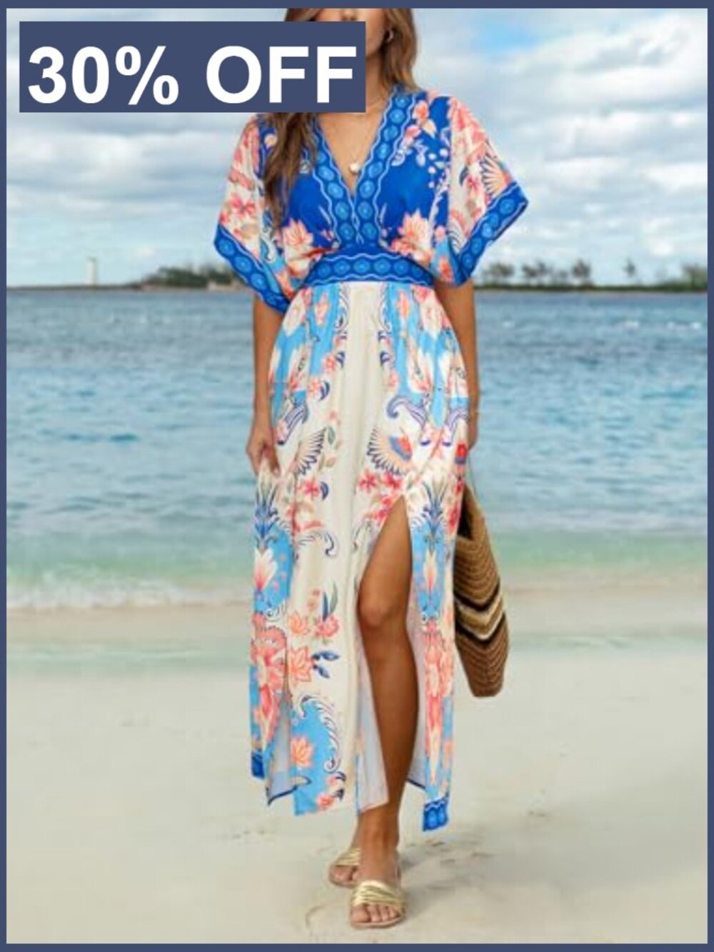 Women's Floral Maxi Dress V-Neck Short Sleeve Smocked Side Slit Pocket - Picture 4 of 7